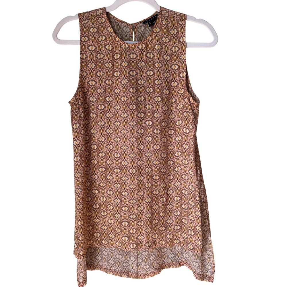 Theory Silk Sharlia Foulard Print Sleeveless‎ Blouse Top Brown Pink Size P XS